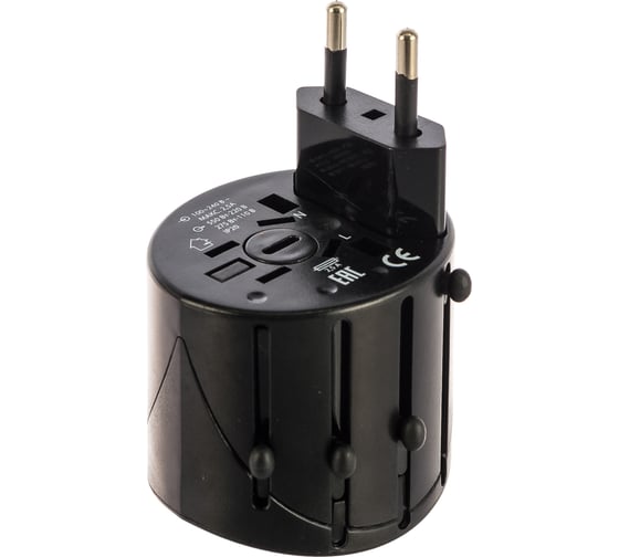Тревел-адаптер TDM ELECTRIC 100-250В, 2,5A, 5 в 1 c USB-зарядкой, 1000мА, черный SQ1806-0144