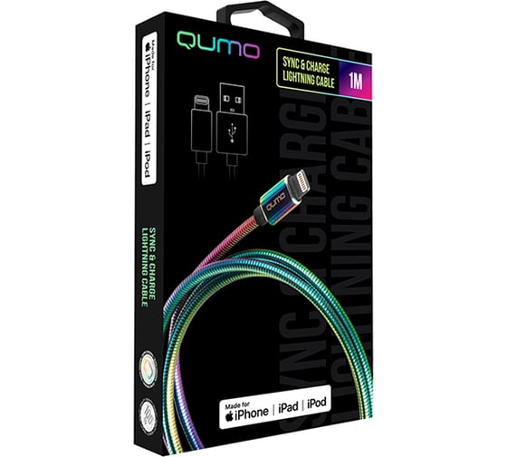 Кабель QUMO MFI С48, USB-Apple 8 pin, 1м, 5В, 2,4A, 12Вт, оплетка металл, пружинка металл, радужный 24252