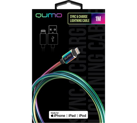 Кабель QUMO MFI С48, USB-Apple 8 pin, 1м, 5В, 2,4A, 12Вт, оплетка металл, пружинка металл, радужный 24252