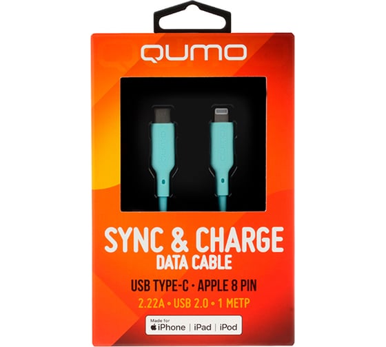 Кабель QUMO MFI С94, Type-C на MFI Apple 8 pin, силиконовый, 1м, 2,22A, 9V, 20W, PD, голубой 32997