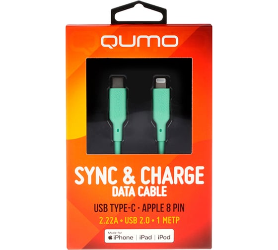Кабель QUMO MFI С94, Type-C на MFI Apple 8 pin, силиконовый, 1м, 2,22A, 9V, 20W, PD, зеленый 33000