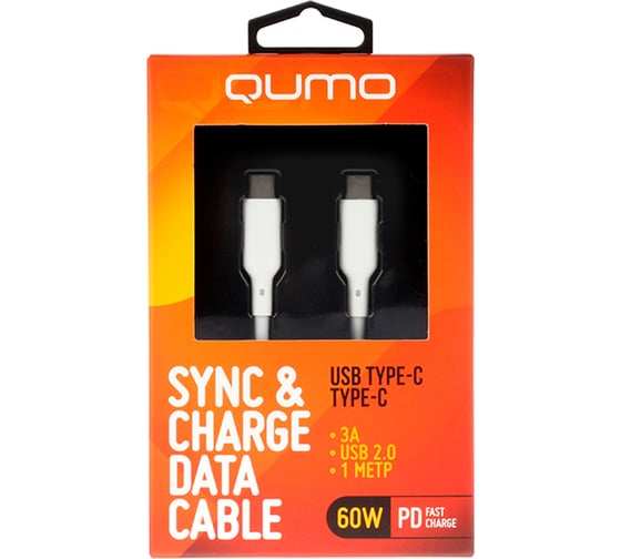 Кабель QUMO Type-C на Type-C, силиконовый, 1м, 3A, 60W, PD, белый 32965