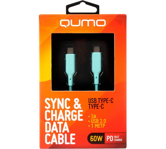 Кабель QUMO Type-C на Type-C, силиконовый, 1м, 3A, 60W, PD, голубой 32967