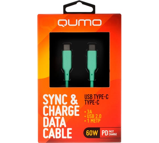 Кабель QUMO Type-C на Type-C, силиконовый, 1м, 3A, 60W, PD, зеленый 32970