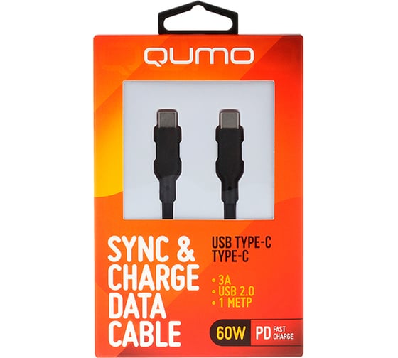 Кабель QUMO Type-C на Type-C, силиконовый, 1м, 3A, 60W, PD, черный 32964