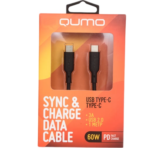 Кабель QUMO Type-C на Type-C, силиконовый, 1м, 3A, 60W, PD, черный 32964