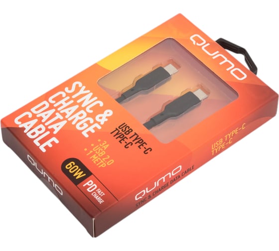 Кабель QUMO Type-C на Type-C, силиконовый, 1м, 3A, 60W, PD, черный 32964
