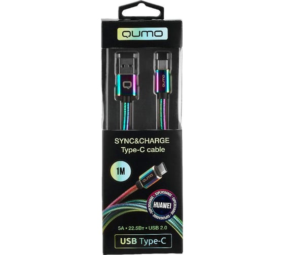 Кабель QUMO USB 2.0-Type C, 1м, 5/9/12В, 5A, 22.5Вт Huawei FCP и SCP, оплетка, металл пружинка, коннектор металл, rainbow 24266