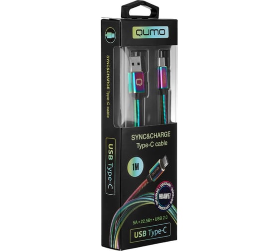 Кабель QUMO USB 2.0-Type C, 1м, 5/9/12В, 5A, 22.5Вт Huawei FCP и SCP, оплетка, металл пружинка, коннектор металл, rainbow 24266