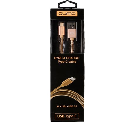 Кабель QUMO USB 3.0-Type C, 1м, 5/9/12В, 3A, 18Вт, оплетка, металлическая пружинка, коннектор металл, золотой 22504