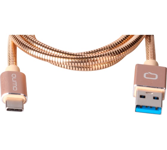 Кабель QUMO USB 3.0-Type C, 1м, 5/9/12В, 3A, 18Вт, оплетка, металлическая пружинка, коннектор металл, золотой 22504