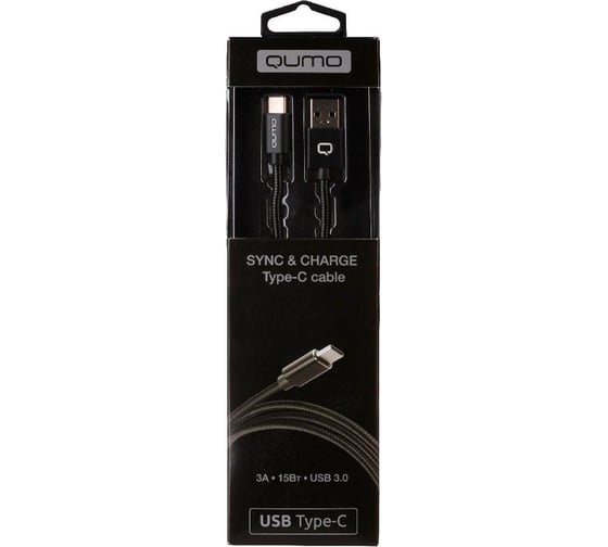 Кабель QUMO USB 3.0-Type C, 1м, 5/9/12В, 3A, 18Вт, оплетка, металлическая пружинка, коннектор металл, черный 22477