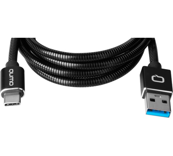 Кабель QUMO USB 3.0-Type C, 1м, 5/9/12В, 3A, 18Вт, оплетка, металлическая пружинка, коннектор металл, черный 22477