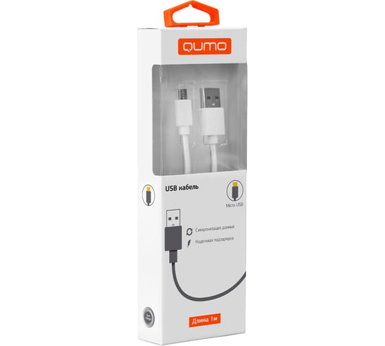 Кабель QUMO USB-Micro USB, 1м, 5В, 2А, 10Вт, оплетка PVC, коннектор PVC, круглый, белый 20512