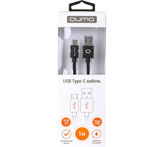 Кабель QUMO USB-Type C, 1м, 5/9/12В, 5A, 25Вт, оплетка нейлон, коннектор металл, черный 22472
