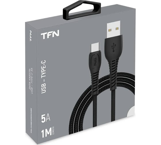 Дата-кабель TFN USB-Type-C, нейлон, 1м, 5A, черный TFN-CUSBCUSB5A1MBK