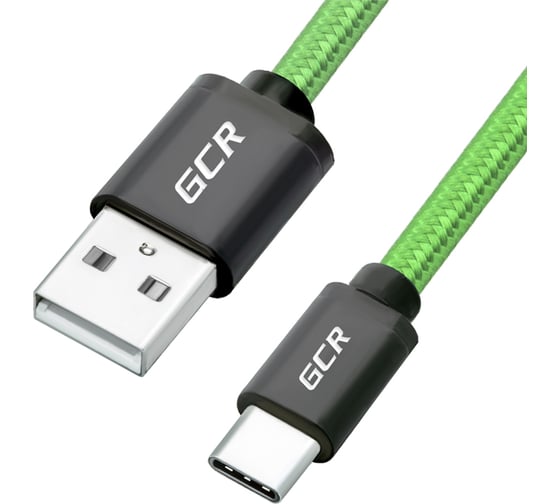 Кабель для зарядки телефона GCR TypeC, 2.0m, зеленый нейлон VIV51I745