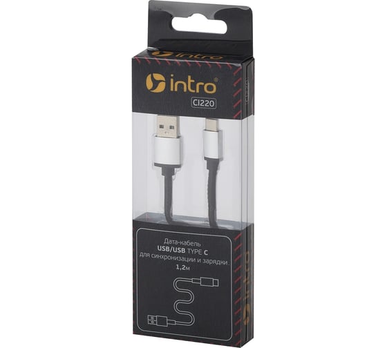 Кабель Intro USB TypeC, leather, 1.2м, черный Б0035661