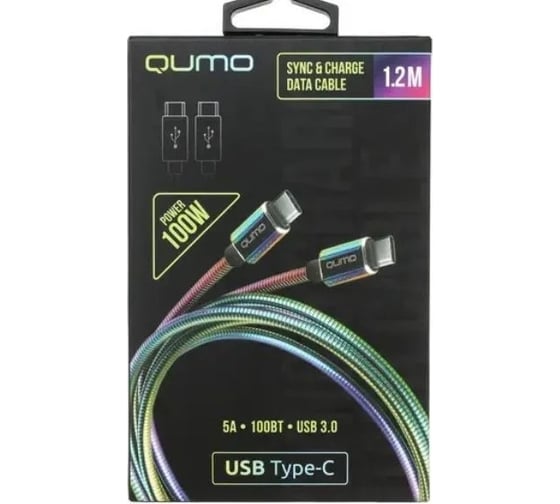 Кабель QUMO Type С - Type C, USB 3.0, 1,2м, 5-20В, 5А, 100 Вт, оплетка металл. пружинка, кон. металл, rainbow 30569