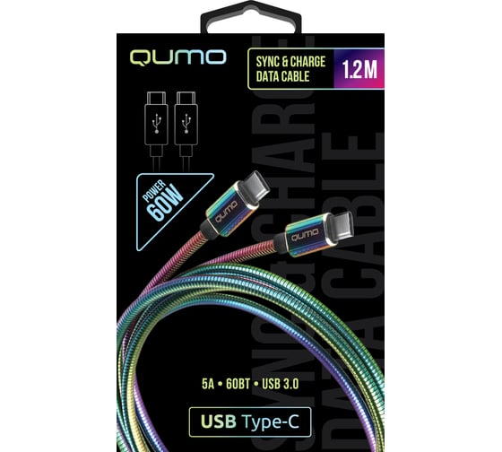 Кабель QUMO Type С - Type C, USB 3.0, 1,2м, 5-20В, 5А, 60 Вт, оплетка, металлическая пружинка, коннектор металл, rainbow 30570