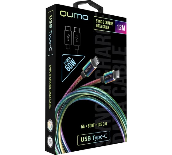 Кабель QUMO Type С - Type C, USB 3.0, 1,2м, 5-20В, 5А, 60 Вт, оплетка, металлическая пружинка, коннектор металл, rainbow 30570