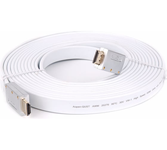 Кабель HDMI AOpen/Qust 19M/M ver 2.0, 10M, серебряно-белый Flat ACG568F-S-10M