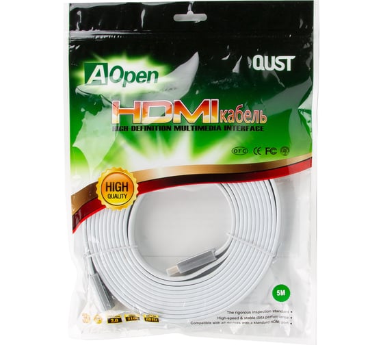 Кабель HDMI AOpen/Qust 19M/M ver 2.0, 10M, серебряно-белый Flat ACG568F-S-10M