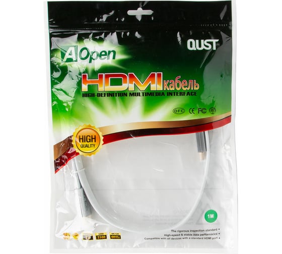 Кабель HDMI AOpen/Qust 19M/M ver 2.0, 1M серебряно-белый Flat ACG568F-S-1M