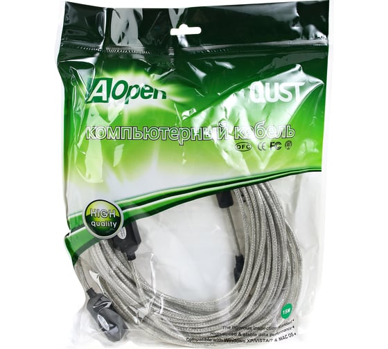 Кабель-адаптер AOpen/Qust USB2.0-repeater, удлинительный активный Am-Af 15м ACU823-15M