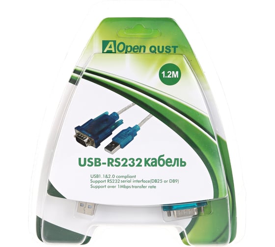 Кабель-переходник AOpen/Qust USB Am - RS-232 DB9M, винты добавляет в систему COM порт ACU804