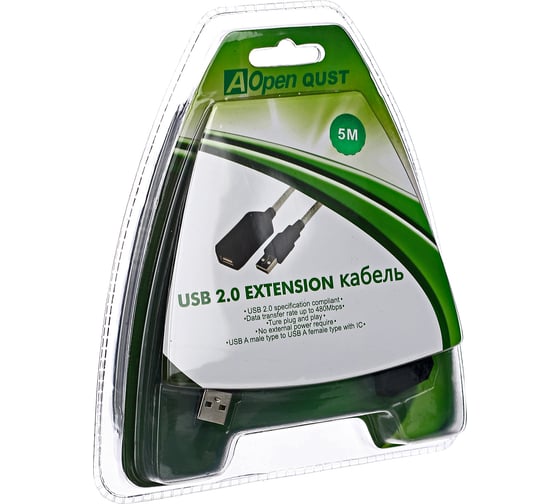 Кабель-адаптер AOpen/Qust USB2.0-repeater, удлинительный активный Am-Af 5м ACU823-5M
