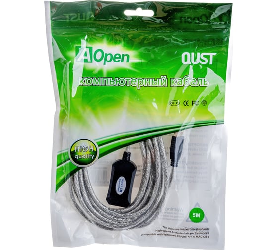 Кабель-адаптер AOpen/Qust USB2.0-repeater, удлинительный активный Am-Af 5м ACU823-5M