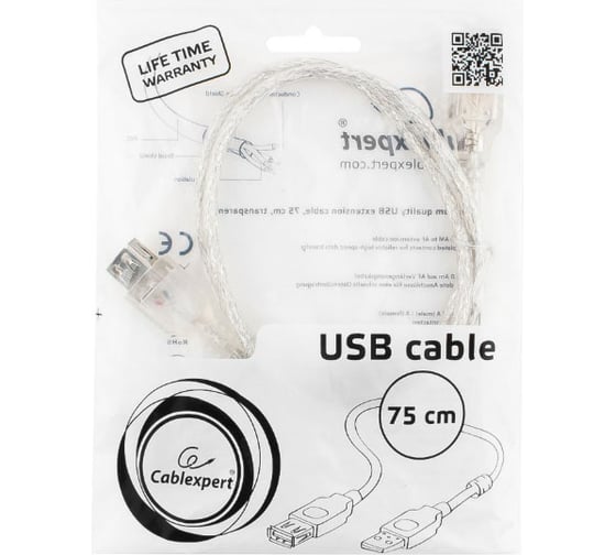 Кабель-удлинитель Cablexpert USB2.0 AM/AF, Pro, 0,75м, экран прозрачный CCF-USB2-AMAF-TR-0.75M