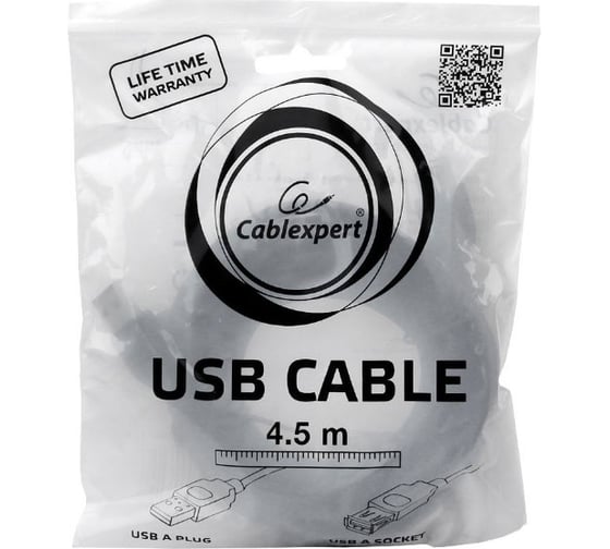 Кабель-удлинитель Cablexpert USB2.0 Pro, AM/AF, 4.5м, экран, черный, пакет CCP-USB2-AMAF-15C