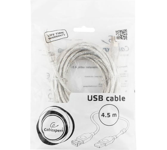 Кабель-удлинитель Cablexpert USB2.0 Pro, AM/AF, 4,5м, экран, прозрачный CCF-USB2-AMAF-TR-15