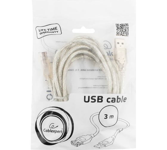 Кабель-удлинитель Cablexpert USB2.0 Pro, AM/AF, 3м, экран, прозрачный CCF-USB2-AMAF-TR-10
