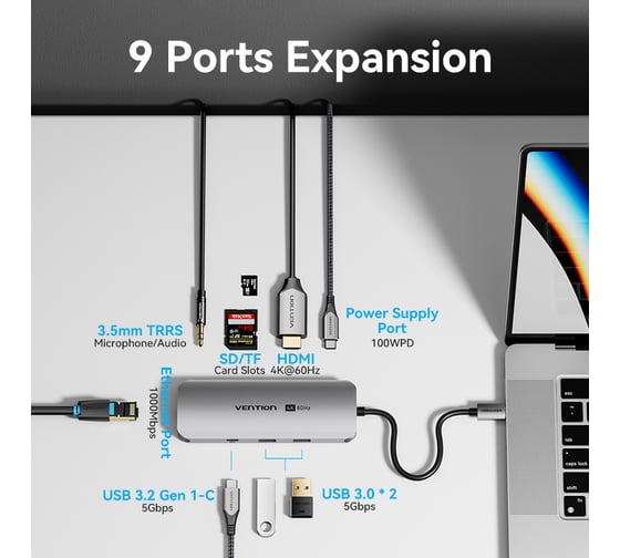 Мультифункциональный хаб VENTION USB Type C 9 в 1 TQMHB