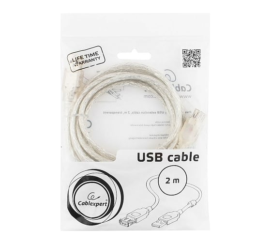 USB2.0 удлинитель Cablexpert Pro, AM/AF, Кабель 2м, экранированный, прозрачный, CCF-USB2-AMAF-TR-2M