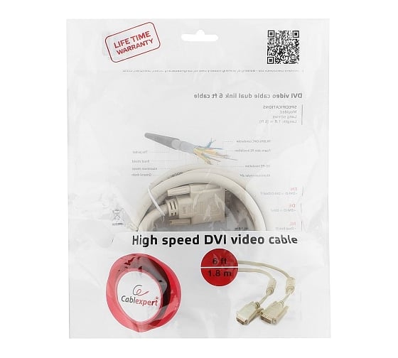 Кабель DVI-D Cablexpert, dual link, 25M/25M, 1.8м, экранированный, ферритовые кольца, пакет, CC-DVI2-6C