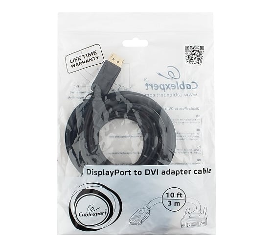 Кабель Cablexpert, DisplayPort-DVI, 3м, 20M/25M, черный, экранированный, пакет, CC-DPM-DVIM-3M