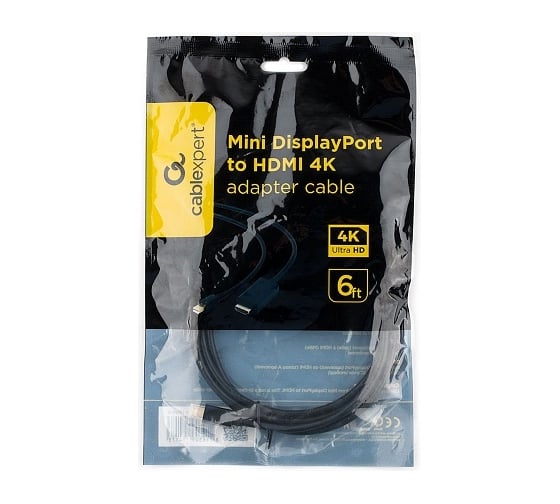 Кабель Cablexpert, mDP-HDMI, 20M/19M, 1.8м, черный, позолоченные разъемы, пакет, CC-mDP-HDMI-6