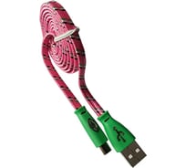 USB кабель REXANT светящиеся разъемы microUSB шнур шелк плоский, 1М розовый 18-4256