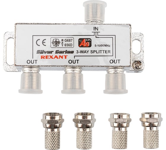 Делитель REXANT ТВ х 3 + 4шт. F BOX 5-1000 МГц Silver 05-6102