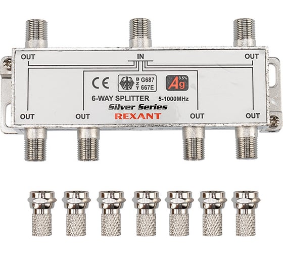 Делитель REXANT ТВx6 под F-разъем 5-1000 МГц Silver 05-6104