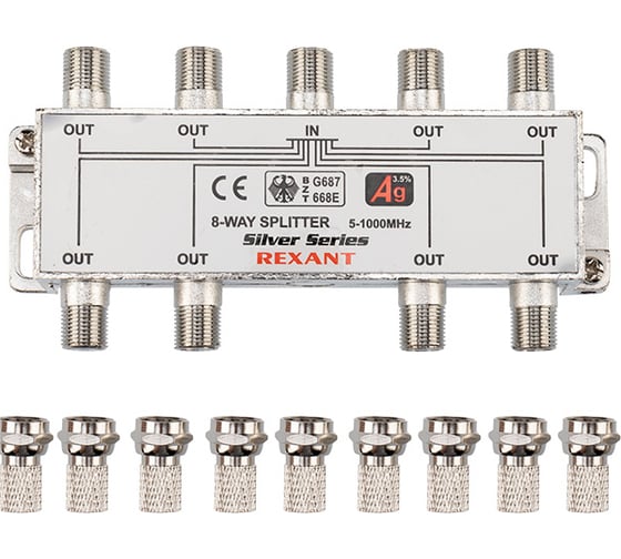 Делитель REXANT ТВ х 8 + 9шт. F BOX 5-1000 МГц Silver 05-6105