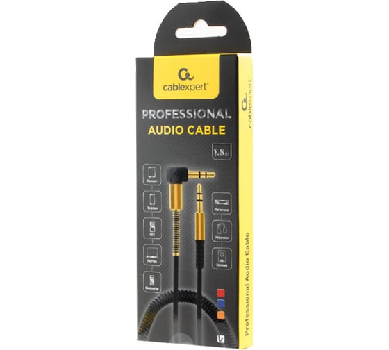 Спиральный аудио кабель Cablexpert Jack 3.5(M)/Jack 3.5(M), угловой, 1.8м, оранжевый, коробка CCAB-02-35MMLC-1.8MO