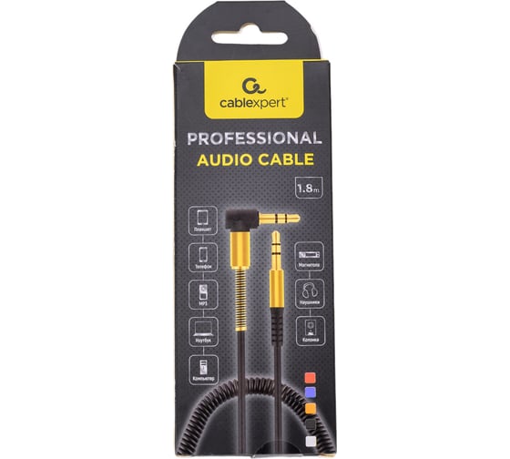 Спиральный аудио кабель Cablexpert Jack 3.5(M)/Jack 3.5(M), угловой, 1.8м, красный, коробка CCAB-02-35MMLC-1.8MR