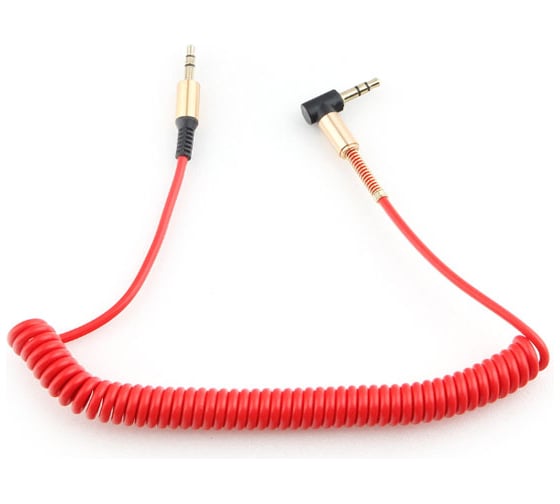 Спиральный аудио кабель Cablexpert Jack 3.5(M)/Jack 3.5(M), угловой, 1.8м, красный, коробка CCAB-02-35MMLC-1.8MR