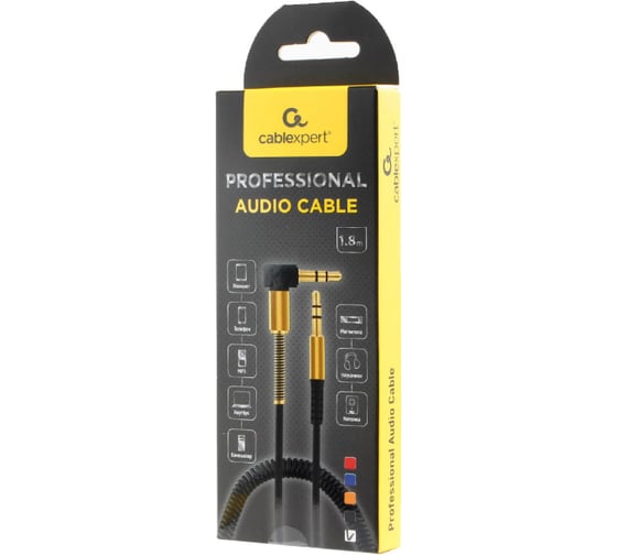 Спиральный аудио кабель Cablexpert Jack 3.5(M)/Jack 3.5(M), угловой, 1.8м, красный, коробка CCAB-02-35MMLC-1.8MR