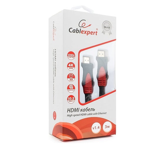 Кабель Cablexpert, HDMI, серия Silver, длина 3 м, v1.4 M/M, позолоченные разъемы, ферритовые кольца, коробка, CC-S-HDMI03-3M